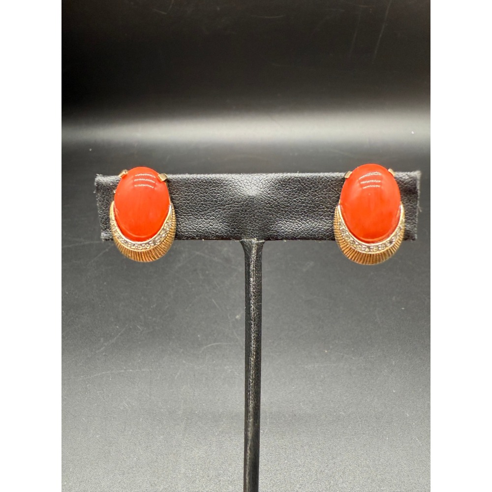 Nettie Rosenstein Gold Tone Clip On Earrings with Red Lucite‎ Cabochons